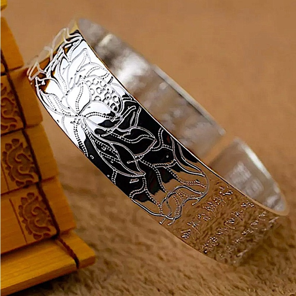 Sterling Silver Lotus Flower Engraved Wide Bangle Cuff Bracelet